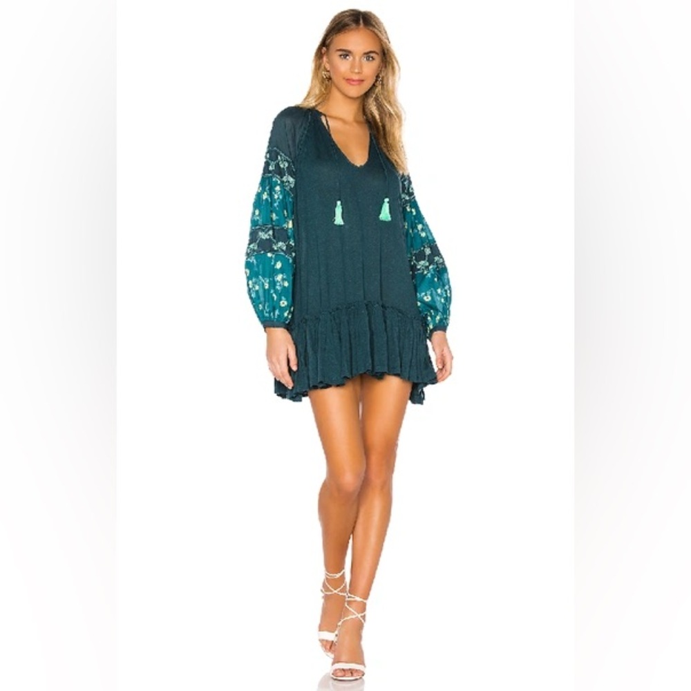 Free People Teal & Turquoise Floral Sleeve Mini Dress